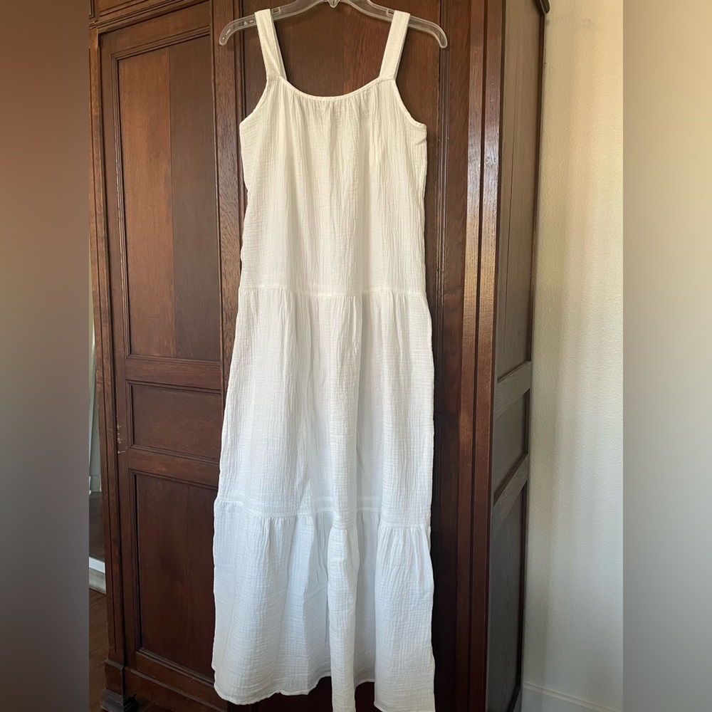BB Dakota White Soft Crepe Cotton Midi/Maxi Sun Dress Tiered Adj. Straps NWT!